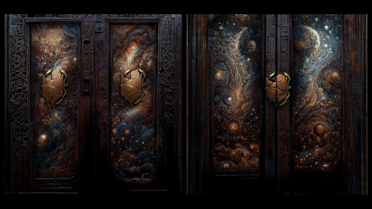Carved library doors with galaxies and nebulae painted across their panels
