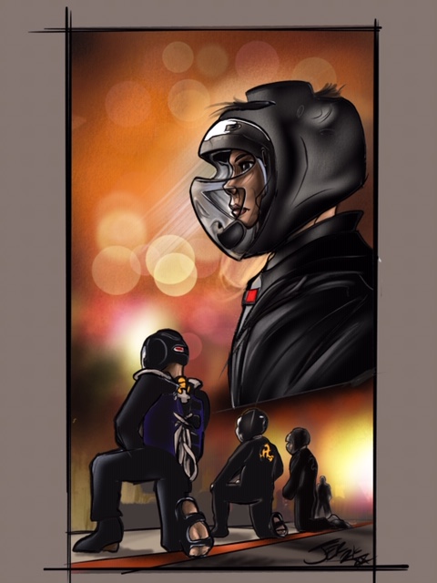 A helmeted Ascendant figure above kneeling soldiers