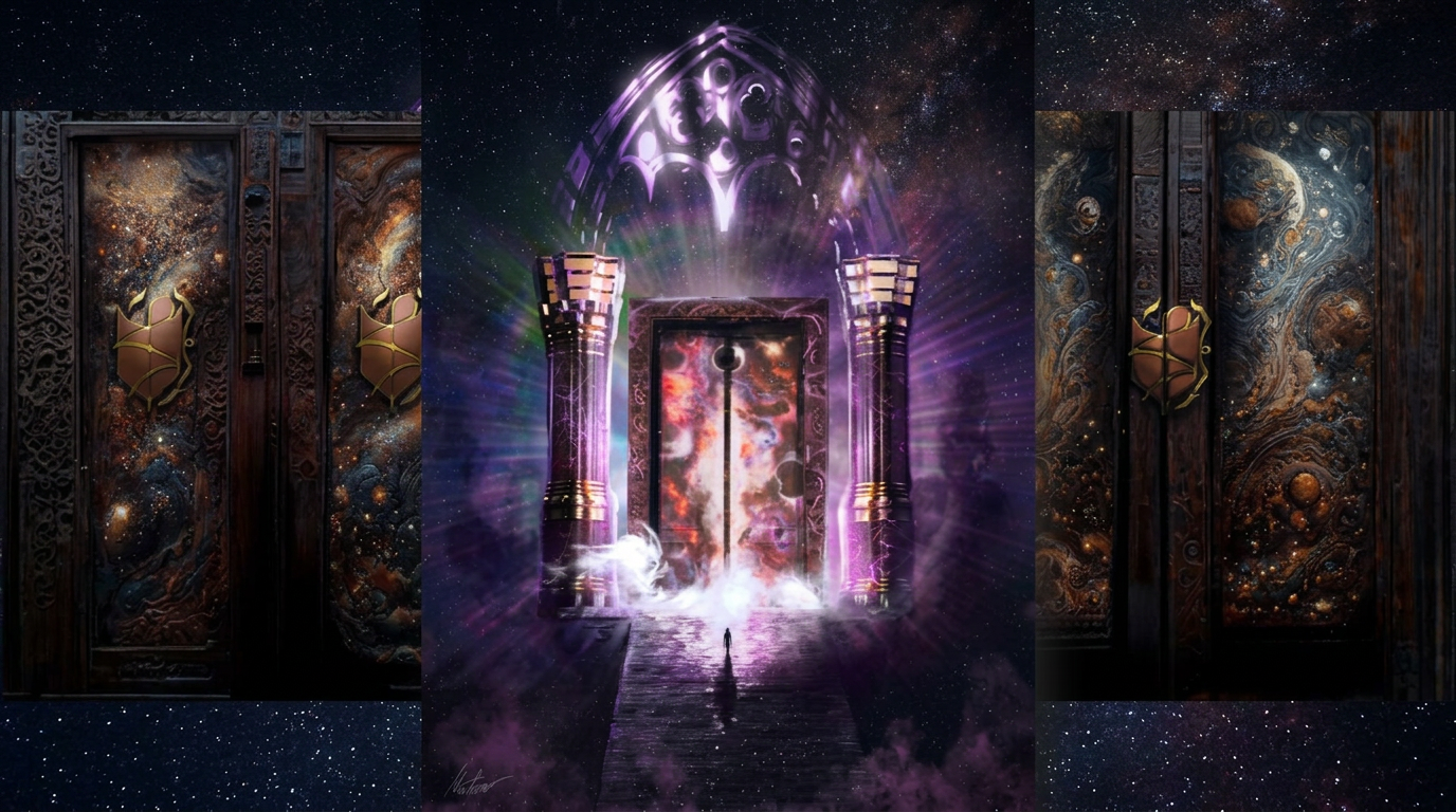 A triptych of the celestial Akashic Library gateway and its galaxy-inlaid doors