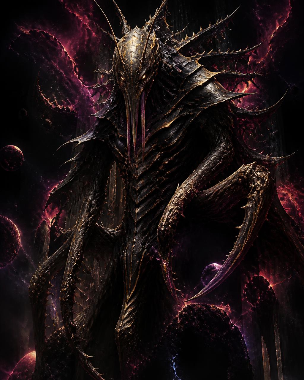 Seven, a towering insectoid demon of scorched obsidian and bronze chitin with burning yellow eyes, standing amid crimson rifts of broken space-time