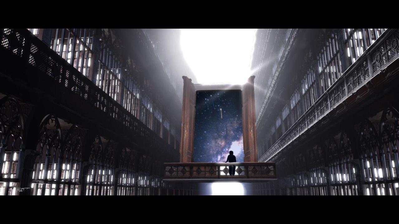 The endless hall of the Akashic Library with a star-filled portal at its heart