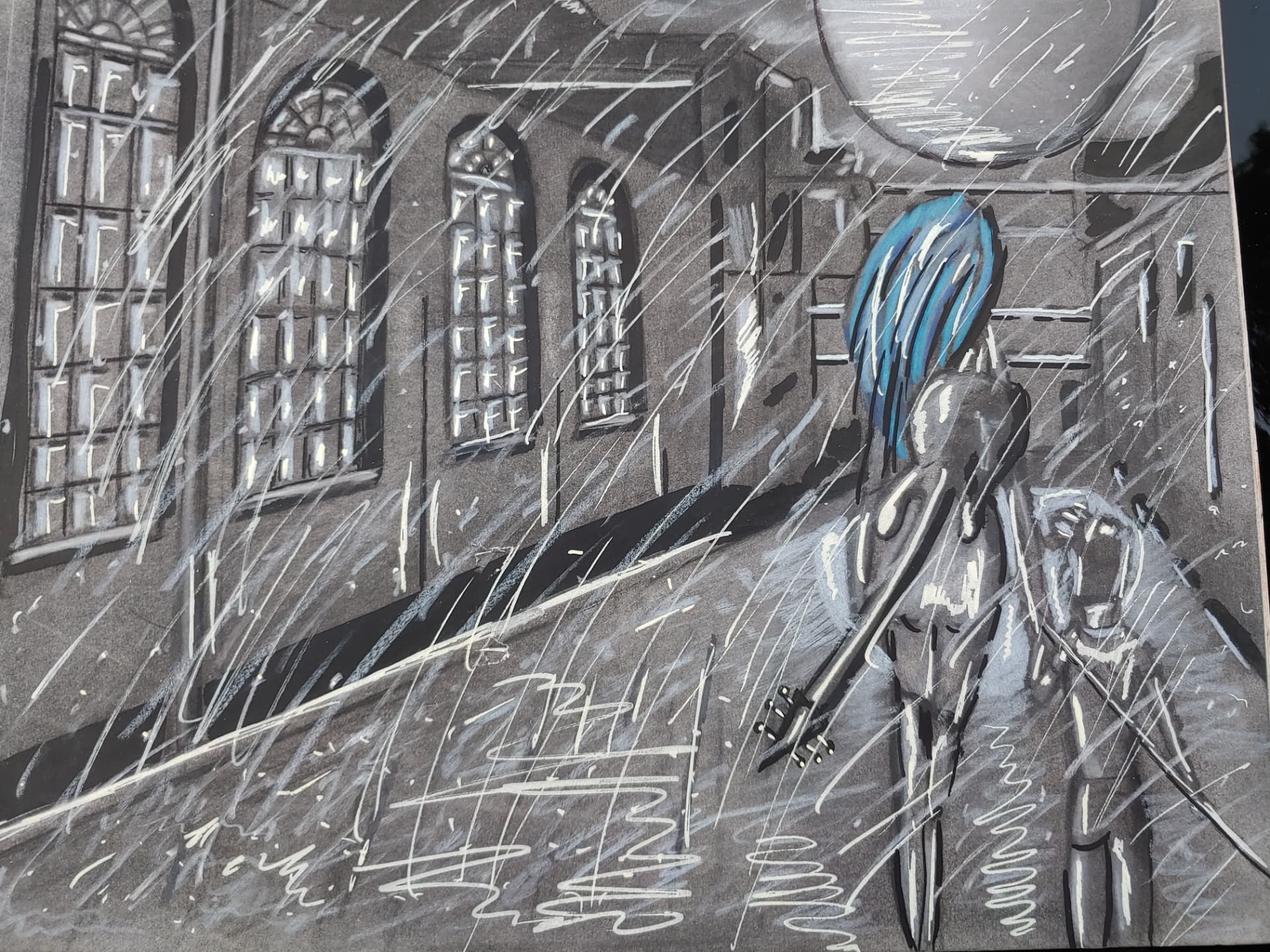 Rain walking through pouring rain with a violin case