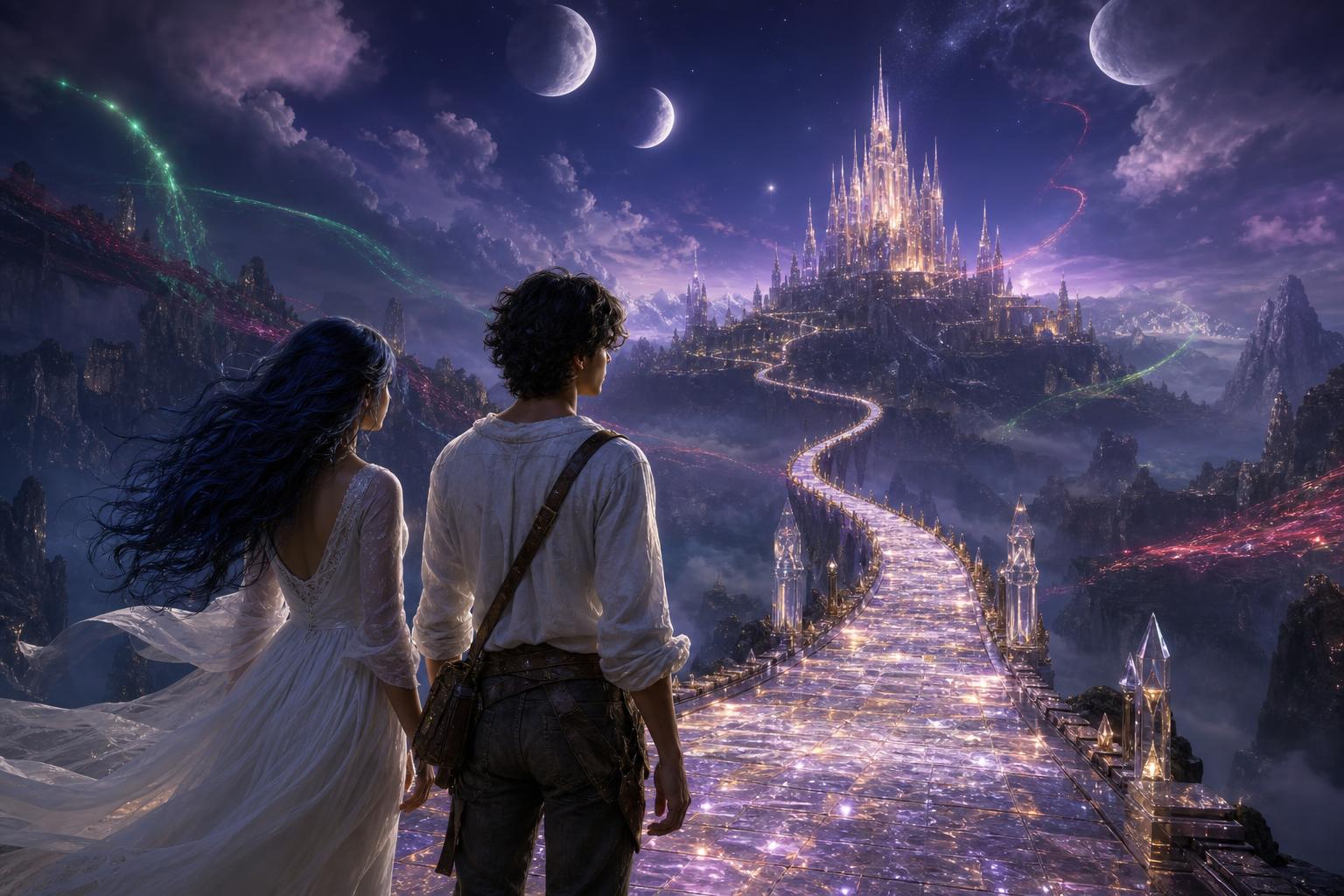 Rain and Max stand at the base of a glowing crystal road, beginning their journey toward the castle of Arcturia beneath three moons