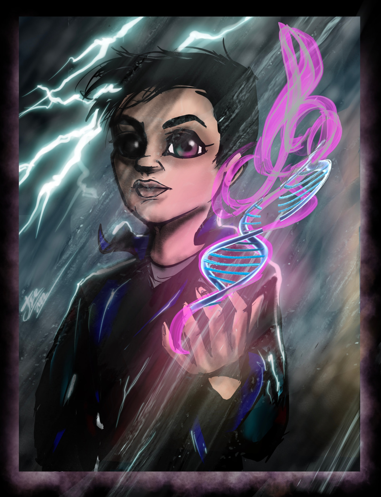 Max holding a glowing DNA helix amid lightning