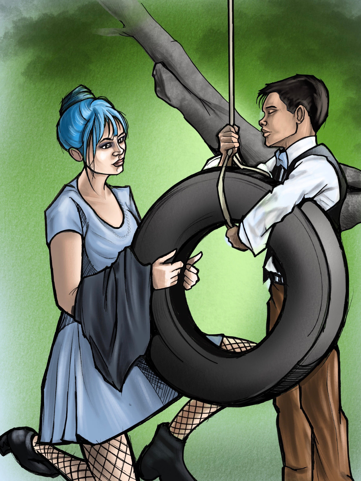 Rain and Beau hanging a tire swing beneath a tree