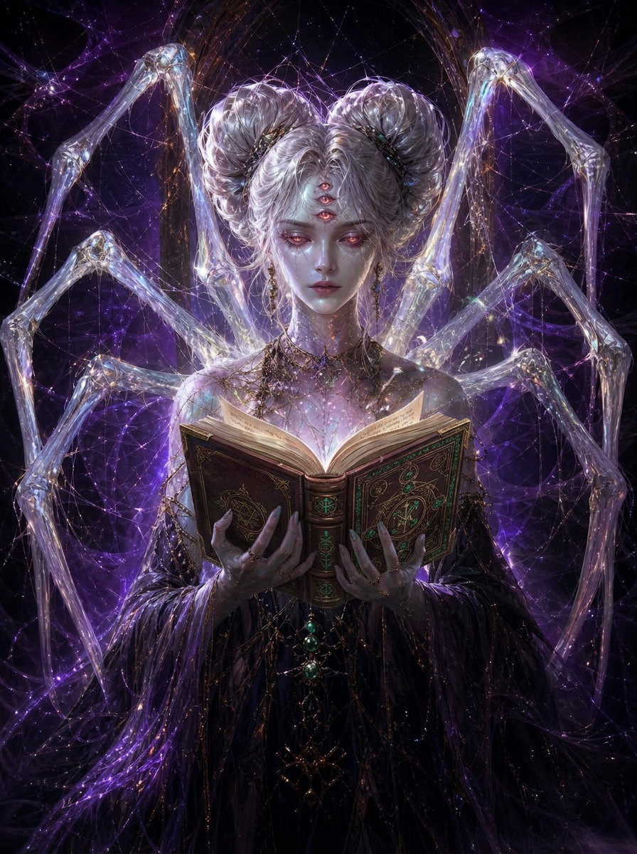 Eight, the fallen Ethereal record keeper, cradling the glowing Book of the Ages in one hand with spider-silk tracing her arm