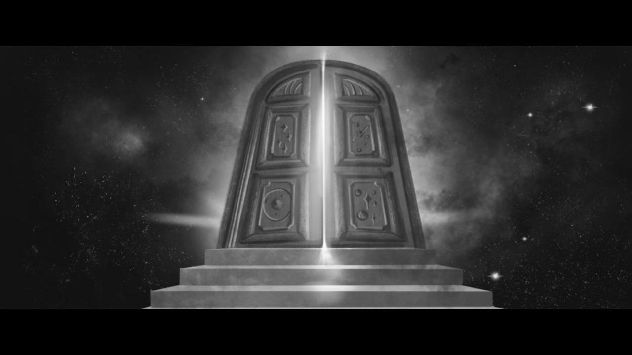 The luminous doors of the Akashic Library standing on stone steps among the stars