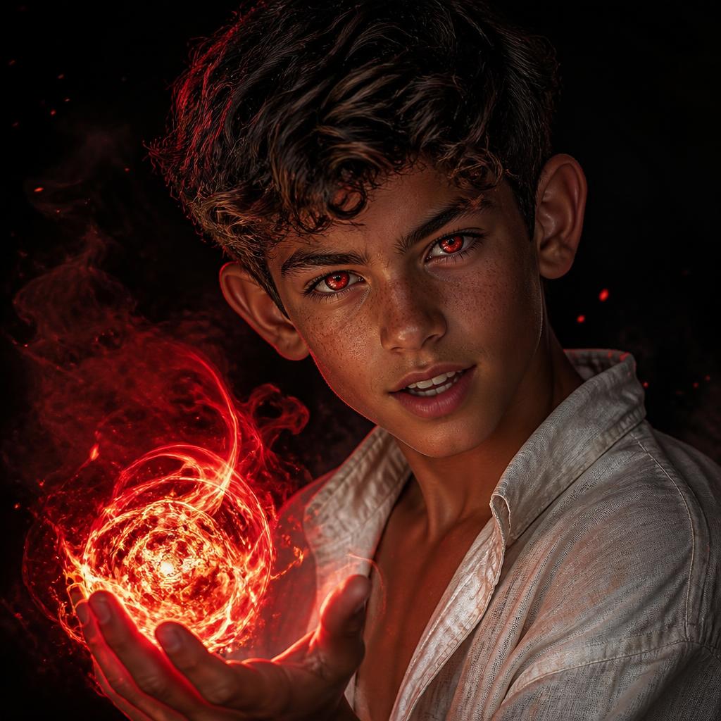 Max channeling Ignis, his dark inner self, with black eyes and crimson fire