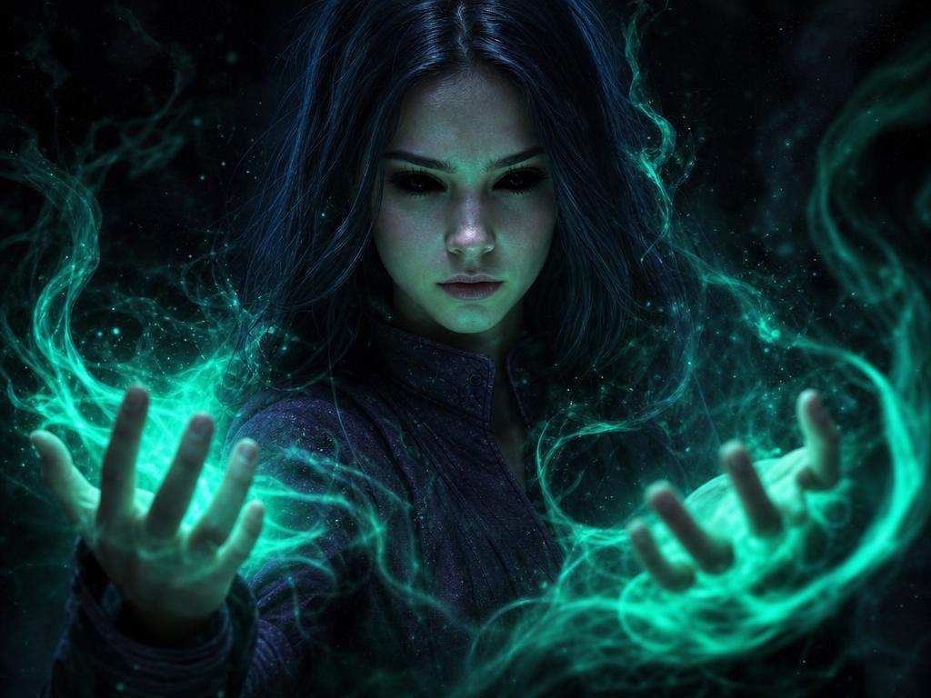 Rain channeling Nin, her dark inner self, with black eyes and emerald energy